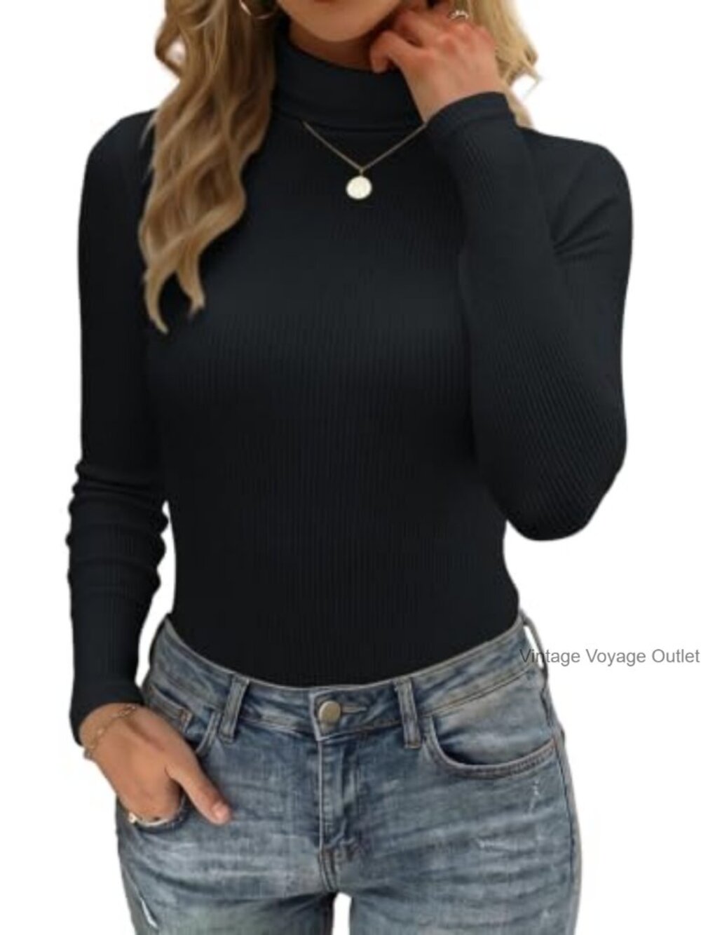 Long Sleeve Turtleneck Ribbed Top Ultra-Soft Stretch Layering Shirt